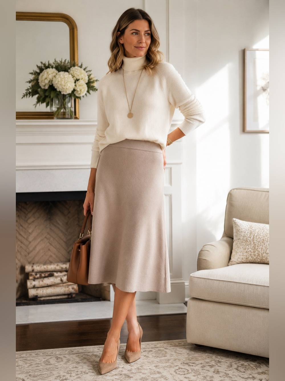 NWT Ann Taylor Taupe Knit Midi Skirt Size Large